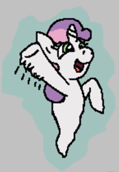 Size: 383x549 | Tagged: safe, artist:realdash, imported from derpibooru, sweetie belle, ghost, ghost pony, pony, undead, unicorn, aggie.io, aura, cute, diasweetes, female, filly, foal, happy, horn, implied anon, motion lines, offscreen character, pixel art, smiling, solo, spooky belle, waving