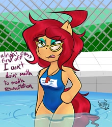 Size: 1336x1520 | Tagged: safe, artist:spk, imported from ponybooru, oc, oc only, oc:vivian cereza, anthro, clothes, dialogue, swimsuit, water