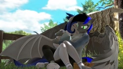 Size: 1920x1080 | Tagged: safe, artist:runic_the_wolf, oc, oc only, anthro, bat pony, 3d, bat pony oc, bat wings, breasts, clothes, cuddling, wings