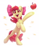 Size: 1802x2160 | Tagged: safe, artist:amishy, imported from derpibooru, apple bloom, earth pony, pony, adorabloom, apple, apple bloom's bow, bipedal, bow, cute, female, filly, foal, food, frog (hoof), grin, hair bow, heart, heart eyes, looking at you, open mouth, open smile, simple background, smiling, smiling at you, solo, sparkles, underhoof, white background, wingding eyes