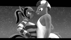 Size: 1920x1080 | Tagged: safe, artist:runic_the_wolf, oc, oc only, oc:runic, oc:warheart, anthro, 3d, clothes, female, looking at each other, male, monochrome