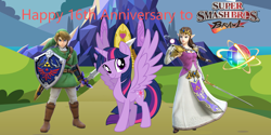 Size: 2000x1000 | Tagged: safe, artist:culu-bluebeaver, artist:luckreza8, artist:user15432, imported from derpibooru, twilight sparkle, alicorn, fairy, human, hylian, anniversary, castle, crossover, fairy wings, happy anniversary, hylian shield, link, looking at you, master sword, ponyville, princess zelda, smash ball, smiling, smiling at you, super smash bros., super smash bros. brawl, sword, the legend of zelda, twilight sparkle (alicorn), twilight's castle, weapon, wings
