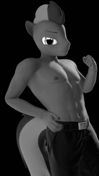 Size: 1080x1920 | Tagged: safe, artist:runic_the_wolf, oc, oc:warheart, anthro, 3d, grayscale, male, male nipples, monochrome