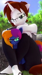 Size: 1080x1920 | Tagged: safe, artist:runic_the_wolf, oc, oc only, oc:layla horizon, oc:stone, anthro, pony, 3d, breasts, clothes, female, flip-flops, glasses, plushie