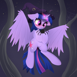 Size: 2000x2000 | Tagged: safe, artist:posionjoke, imported from derpibooru, twilight sparkle, alicorn, pony, blushing, eyebrows, female, flying, halloween, hat, high res, holiday, horn, looking at something, mare, night, night sky, outdoors, sky, solo, spider web, spooky, spread wings, stars, tree branch, twilight sparkle (alicorn), wings, witch hat