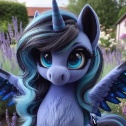Size: 1024x1024 | Tagged: safe, imported from ponybooru, princess luna, alicorn, pony, ai content, ai generated, bing, bust, chest fluff, colored wings, female, fluffy, lavender, mare, multicolored mane, multicolored wings, s1 luna, solo, spread wings, wing fluff, wings
