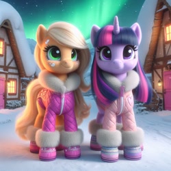 Size: 1024x1024 | Tagged: safe, imported from ponybooru, applejack, twilight sparkle, earth pony, pony, unicorn, ai content, ai generated, alternate hairstyle, aurora borealis, bing, clothed ponies, clothes, duo, female, hoof boots, looking at something, looking at you, mare, missing accessory, night, ponyville, smiling, smiling at you, snow, unicorn twilight, winter, winter outfit
