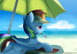 Size: 4500x3181 | Tagged: safe, artist:neoncel, imported from derpibooru, rainbow dash, pegasus, pony, beach, butt, cloud, eyebrows, female, folded wings, food, high res, licking, lidded eyes, lying down, mare, open mouth, outdoors, plot, popsicle, prone, sky, solo, sploot, tail, tongue out, umbrella, water, wings