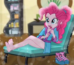 Size: 2000x1750 | Tagged: safe, artist:emeraldblast63, imported from derpibooru, pinkie pie, equestria girls, alternate hairstyle, barefoot, beach chair, candy, chair, clothes, collarbone, cute, diapinkes, feet, food, lollipop, nail polish, ponytail, robe, sandals, shoes removed, spa, toenail polish, toenails