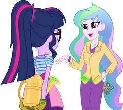 Size: 2825x2520 | Tagged: safe, edit, edited screencap, editor:homersimpson1983, imported from derpibooru, screencap, princess celestia, sci-twi, twilight sparkle, human, equestria girls, equestria girls series, my little shop of horrors, background removed, clothes, duo, female, glasses, gloves, not a vector, ponytail, principal celestia, simple background, transparent background, watering can