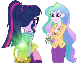 Size: 3075x2520 | Tagged: safe, edit, edited screencap, editor:homersimpson1983, imported from derpibooru, screencap, princess celestia, sci-twi, twilight sparkle, human, equestria girls, equestria girls series, my little shop of horrors, background removed, clothes, duo, female, glasses, gloves, key, not a vector, ponytail, principal celestia, simple background, transparent background, watering can