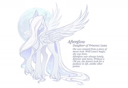 Size: 1612x1116 | Tagged: safe, artist:anemonaii, imported from derpibooru, oc, oc only, oc:afterglow (anemonaii), pegasus, pony, colored pinnae, concave belly, female, fetlock tut, frown, full moon, hair over eyes, hoof fluff, large wings, long legs, long mane, long tail, mare, moon, next generation, offspring, parent:princess luna, pegasus oc, purple text, raised hoof, signature, simple background, slender, solo, spread wings, standing, tail, tall, text, thin, thin legs, unshorn fetlocks, wavy mane, wavy tail, white background, white coat, white mane, white tail, wings