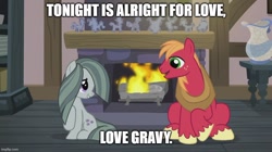 Size: 888x499 | Tagged: safe, edit, edited screencap, imported from derpibooru, screencap, big macintosh, marble pie, earth pony, pony, hearthbreakers, caption, cute, duo, female, fireplace, freckles, grin, image macro, looking at each other, looking at someone, love gravy, male, marblebetes, marblemac, mare, meme, open mouth, open smile, shipping, sitting, smiling, smiling at each other, song in the description, song reference, south park, stallion, straight, text