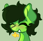 Size: 2485x2401 | Tagged: safe, artist:foxtrnal, imported from derpibooru, oc, oc only, oc:filly anon, pony, blushing, bust, female, filly, foal, green background, happy, high res, simple background, solo