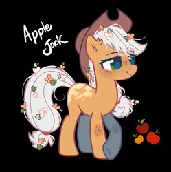 Size: 4073x4096 | Tagged: safe, artist:mirtash, imported from derpibooru, applejack, earth pony, pony, absurd resolution, alternate color palette, alternate design, alternate hair color, alternate universe, applejack's cutie mark, black background, coat markings, cowboy hat, crossed hooves, female, flower, flower in hair, freckles, hat, lidded eyes, mare, name, simple background, smiling, solo, stetson, text