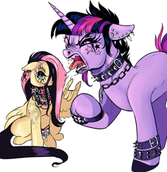 Size: 1982x2035 | Tagged: safe, artist:gorjee-art, imported from derpibooru, fluttershy, twilight sparkle, pegasus, pony, unicorn, bib necklace, collar, devil horn (gesture), drool, duo, duo female, ear piercing, earring, eyeshadow, face paint, female, high res, horn, jewelry, looking at you, makeup, mare, meme, metal, necklace, piercing, simple background, spiked collar, spiked wristband, tongue out, tongue piercing, unicorn twilight, we're emo, white background, wing hands, wings, wristband