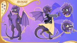 Size: 1920x1080 | Tagged: safe, artist:willoillo, imported from derpibooru, oc, oc only, dragon, fallout equestria, clothes, collar, commission, dragoness, dress, emotes, female, gradient background, heterochromia, jacket, reference sheet, solo, sundress, varsity jacket