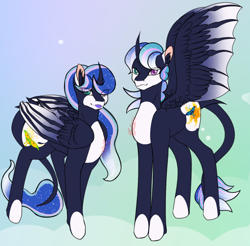 Size: 1300x1280 | Tagged: safe, artist:queenpoisonstar, imported from derpibooru, oc, oc only, oc:crown prince dusk, oc:crown princess dawn, alicorn, pony, brother, brother and sister, closed mouth, coat markings, ear fluff, eyes open, family, fanfic art, female, folded wings, gradient background, happy, heterochromia, hybrid wings, leonine tail, lipstick, looking, looking at you, looking back, looking back at you, magical lesbian spawn, makeup, male, mare, name, next generation, nostrils, offspring, parent:princess celestia, parent:princess luna, parents:princest, prince, princess, product of incest, royalty, siblings, signature, sister, smiling, smiling at you, spread wings, stallion, standing, tail, text, tongue out, twins, unshorn fetlocks, wall of tags, wings