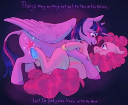 Size: 1700x1400 | Tagged: safe, artist:abbytabbys, imported from derpibooru, pinkie pie, twilight sparkle, alicorn, earth pony, pony, bittersweet, crying, female, lesbian, looking at each other, looking at someone, lying down, shipping, smiling, smiling at each other, twilight sparkle (alicorn), twinkie