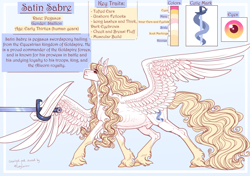 Size: 1600x1126 | Tagged: safe, artist:snowberry, imported from derpibooru, oc, oc only, oc:satin sabre, pegasus, pony, bishonen, blonde, blonde hair, chest fluff, cutie mark, ear fluff, fit, large wings, long hair, long hair male, male, nudity, realistic horse legs, reference sheet, ribs, sheath, signature, simple background, slender, spread wings, stallion, sword, text, thin, two toned eyes, unshorn fetlocks, walking, wavy hair, weapon, wing hands, wing hold, wings