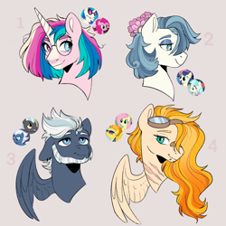 Size: 1600x1600 | Tagged: safe, artist:blazenly-obvious, artist:ghost-whisper03, imported from derpibooru, bon bon, coco pommel, dj pon-3, fluttershy, night glider, pinkie pie, spitfire, sweetie drops, thunderlane, vinyl scratch, oc, oc only, unnamed oc, earth pony, pegasus, pony, unicorn, bandaid, bandaid on nose, beard, bust, cocobon, collaboration, facial hair, female, flower, flower in hair, glasses, goggles, goggles on head, heterochromia, horn, lesbian, magical lesbian spawn, male, mare, offspring, parent:bon bon, parent:coco pommel, parent:fluttershy, parent:night glider, parent:spitfire, parent:thunderlane, parents:cocobon, parents:spitshy, parents:thunderglider, parents:vinylpie, scar, screencap reference, shipping, simple background, spitshy, stallion, thunderglider, vinylpie, white background