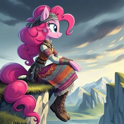 Size: 1024x1024 | Tagged: prompter needed, safe, imported from derpibooru, pinkie pie, anthro, ai content, ai generated, cliff, clothes, cyrillic, female, mountain, russian, slavic, solo