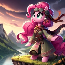 Size: 1024x1024 | Tagged: prompter needed, safe, imported from derpibooru, pinkie pie, anthro, ai content, ai generated, clothes, cyrillic, female, mountain, russian, scenery, slavic, solo, water
