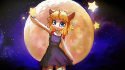 Size: 1920x1080 | Tagged: safe, artist:hierozaki, imported from derpibooru, oc, oc only, oc:syl, pony, semi-anthro, unicorn, clothes, dress, full moon, horn, looking at you, moon, smiling, smiling at you, solo, stars, tangible heavenly object, unicorn oc