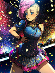 Size: 768x1024 | Tagged: safe, derpibooru exclusive, imported from derpibooru, fluttershy, human, ai content, ai generated, concert, confetti, female, generator:pixai.art, generator:stable diffusion, humanized, idol, prompter:sirius business, pyroshy, solo
