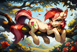 Size: 1216x832 | Tagged: safe, imported from derpibooru, roseluck, pony, ai content, ai generated, angry, behaving like a cat, collar, fangs, flower, fluffy, generator:pony diffusion v6 xl, generator:stable diffusion, looking at you, lying down, pet tag, pony pet, prompter:doom9454, rose, rosepet, solo, tree, tree branch