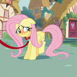 Size: 4096x4096 | Tagged: safe, imported from derpibooru, fluttershy, pegasus, pony, ai content, ai generated, blushing, collar, embarrassed, female, floppy ears, flutterpet, generator:purplesmart.ai, generator:stable diffusion, leash, looking away, looking back, mare, pet play, ponyville