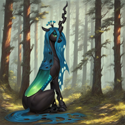 Size: 1200x1200 | Tagged: safe, imported from derpibooru, queen chrysalis, changeling, changeling queen, ai content, ai generated, bust, female, forest, generator:pony diffusion v6 xl, generator:stable diffusion, nature, portrait, prompter:star-dragon, sitting, solo, tree
