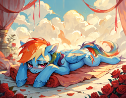 Size: 1152x896 | Tagged: safe, imported from derpibooru, rainbow dash, pegasus, pony, ai content, ai generated, bedroom eyes, blushing, flower, generator:pony diffusion v6 xl, generator:stable diffusion, prompter:gullveigai, rose, solo