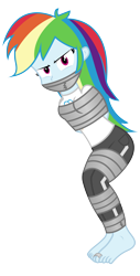 Size: 2300x4528 | Tagged: safe, artist:cardshark777, imported from derpibooru, rainbow dash, equestria girls, angry, arm behind back, barefoot, bondage, bound and gagged, clothes, digital art, feet, gag, helpless, looking at you, pants, rainbow dash is not amused, shirt, simple background, solo, tape, tape bondage, tape gag, tied up, toe tied, toes, transparent background, unamused, white shirt