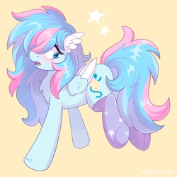 Size: 2000x2000 | Tagged: safe, artist:skysorbett, imported from derpibooru, oc, oc only, pegasus, pony, blushing, butt, chest fluff, clothes, ear fluff, female, folded wings, freckles, high res, looking back, mare, pegasus oc, plot, signature, simple background, socks, solo, stars, tail, wings, yellow background