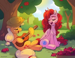Size: 1966x1522 | Tagged: safe, artist:skysorbett, imported from derpibooru, applejack, oc, oc:ruby shine, alicorn, pony, alicorn oc, apple, apple tree, applejack's hat, chest fluff, colored eyebrows, cowboy hat, duo, duo female, ear fluff, eyebrows, eyes closed, female, folded wings, food, freckles, guitar, hat, hoof fluff, horn, lying down, mare, musical instrument, not pinkie pie, on back, one eye closed, open mouth, open smile, outdoors, sitting, smiling, tree, underhoof, wings