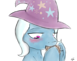 Size: 1280x1024 | Tagged: artist needed, safe, imported from derpibooru, trixie, unicorn, blushing, hat, horn, pinecone, signature, trixie eating pinecones