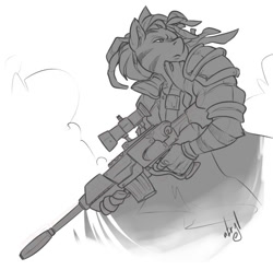 Size: 540x533 | Tagged: safe, artist:atryl, imported from derpibooru, oc, oc only, anthro, zebra, fallout equestria, dreadlocks, gun, male, monochrome, rifle, simple background, sketch, sniper rifle, solo, weapon, white background