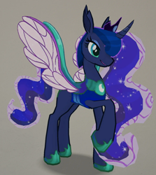 Size: 1196x1338 | Tagged: safe, imported from derpibooru, princess luna, changedling, changeling, 3d, changedlingified, female, gameloft, hoof shoes, jewelry, my little pony: magic princess, open mouth, open smile, peytral, princess shoes, raised hoof, smiling, solo, species swap, tiara