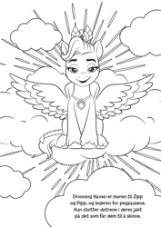 Size: 1291x1820 | Tagged: safe, imported from derpibooru, queen haven, pegasus, 2d, cloud, coloring book, coloring page, egmont, g5, looking at you, merchandise, my little pony: make your mark, norway, norwegian, official, page, sitting, smiling, smiling at you