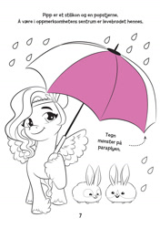 Size: 1278x1820 | Tagged: safe, imported from derpibooru, pipp petals, pegasus, rabbit, 2d, adorapipp, animal, bunnycorn, coloring book, coloring page, cute, egmont, g5, merchandise, my little pony: make your mark, norway, norwegian, official, rain, smiling, standing, umbrella
