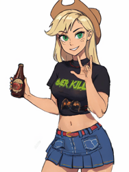 Size: 576x768 | Tagged: safe, imported from derpibooru, applejack, human, equestria girls, rainbow rocks, ai content, ai generated, alcohol, beer, beer bottle, belly button, big breasts, bottle, breasts, busty applejack, clothes, cowboy hat, denim, denim skirt, female, goat horns, hat, horns, looking at you, metal, overkill, prompter:hqdmusthave, rock, simple background, skirt, smiling, solo, standing, stupid sexy applejack, white background