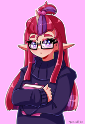 Size: 2784x4071 | Tagged: safe, artist:mylittleyuri, imported from derpibooru, moondancer, human, blushing, book, clothes, cute, dancerbetes, elf ears, female, heart, heart eyes, horn, horned humanization, humanized, pink background, simple background, solo, sweater, wingding eyes