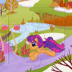 Size: 651x642 | Tagged: safe, imported from derpibooru, scootaloo, scootaloo (g3), book, bridge, chibi, cute, cutealoo, g3, g3.5, happy, lake, official, puzzle, running, scan, smiling, tree, water