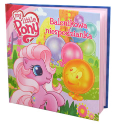 Size: 550x600 | Tagged: safe, imported from derpibooru, pinkie pie (g3), balloon, book, book cover, cloud, cover, face, flower, g3, g3.5, happy, logo, official, photo, polish, sky, smiling, standing, tree