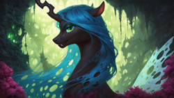 Size: 2560x1440 | Tagged: safe, imported from derpibooru, queen chrysalis, changeling, changeling queen, ai content, ai generated, bust, female, generator:pony diffusion v6 xl, generator:stable diffusion, hive, nature, portrait, prompter:star-dragon, solo, wallpaper