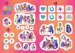 Size: 1820x1302 | Tagged: safe, imported from derpibooru, hitch trailblazer, izzy moonbow, pipp petals, sunny starscout, zipp storm, earth pony, pegasus, pony, book, egmont, flying, g5, mane five, my little pony: a new generation, smiling, standing, sticker