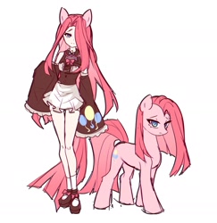 Size: 2123x2182 | Tagged: safe, artist:aluslikefafa, imported from ponybooru, pinkie pie, earth pony, human, pony, bow, bowtie, clothes, cutie mark, eared humanization, flats, frills, hair over one eye, humanized, long sleeves, looking at you, pinkamena diane pie, self ponidox, shoes, socks, white socks
