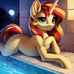 Size: 3072x3072 | Tagged: safe, imported from derpibooru, sunset shimmer, pony, unicorn, ai content, ai generated, blank flank, ear fluff, female, generator:stable diffusion, horn, looking at you, lying down, mare, night, prompter:seashell, prone, smiling, smiling at you, solo, swimming pool, tail, two toned mane, two toned tail