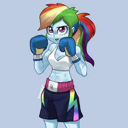 Size: 3000x3000 | Tagged: safe, artist:hexecat, imported from derpibooru, rainbow dash, human, equestria girls, abs, belly, belly button, biceps, boxing, boxing gloves, clothes, female, fit, midriff, muscles, ponytail, raised arms, raised fist, shorts, slender, solo, sports, sports bra, sports panties, sweat, thin